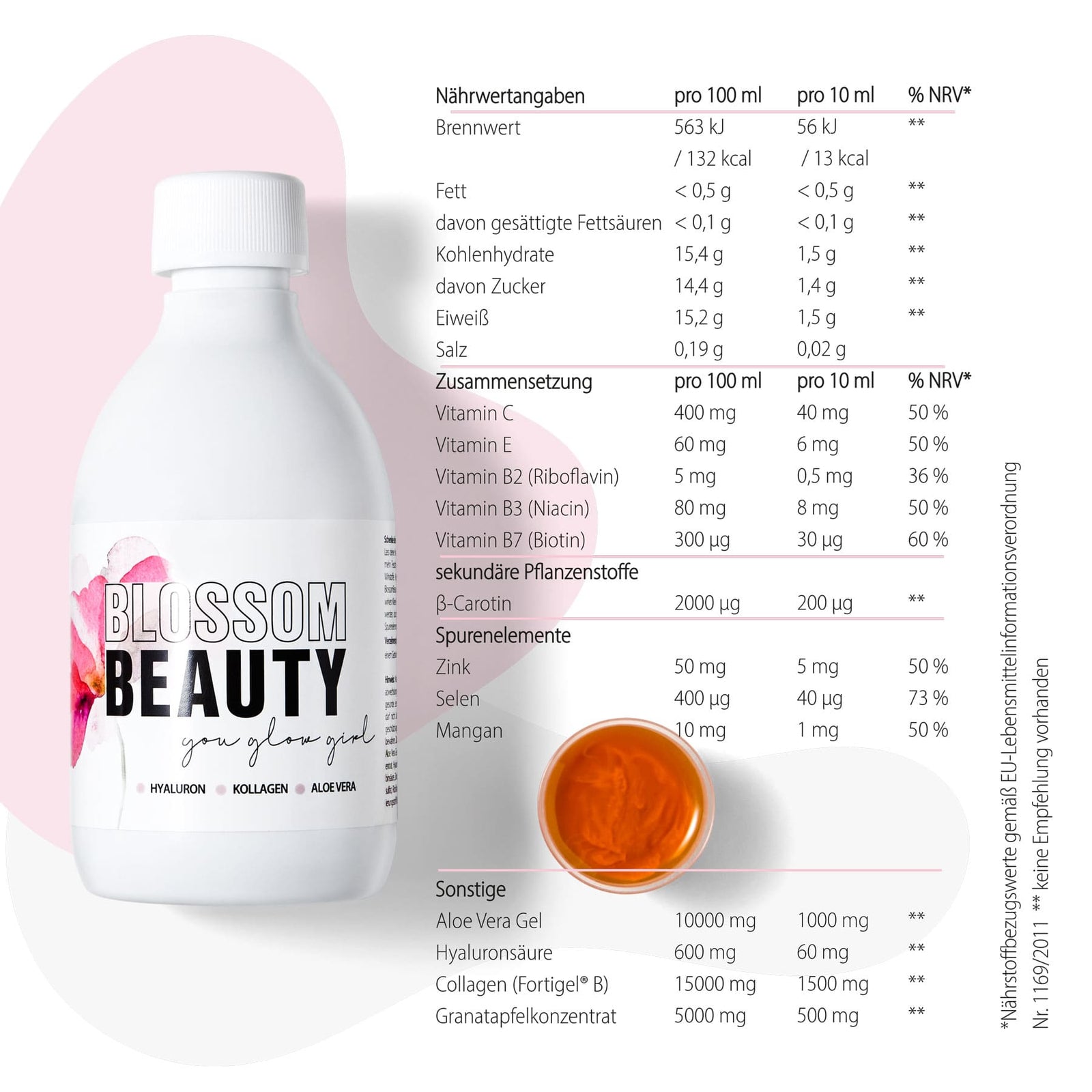 Dr. Massing Beauty Drink mit Kollagen, Hyaluron und Aloe Vera Schönheit zum Trinken Details Inhaltsstoffe Liste Nährwertangaben