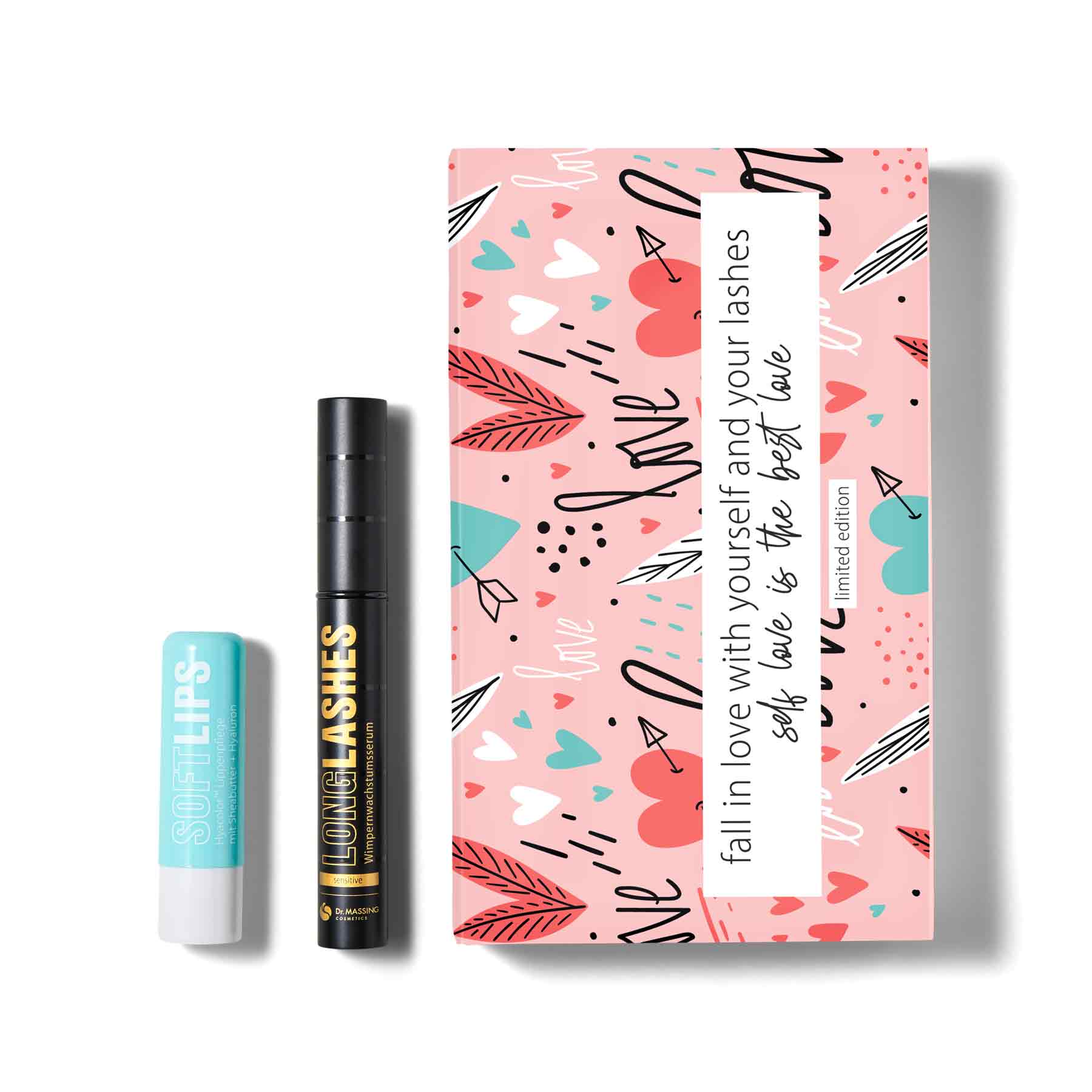 Freisteller Dr. Massing Geschenkbox Love Edition pflanzliches Wimpernserum Sensitive mit Hyaluron Lippenpflege