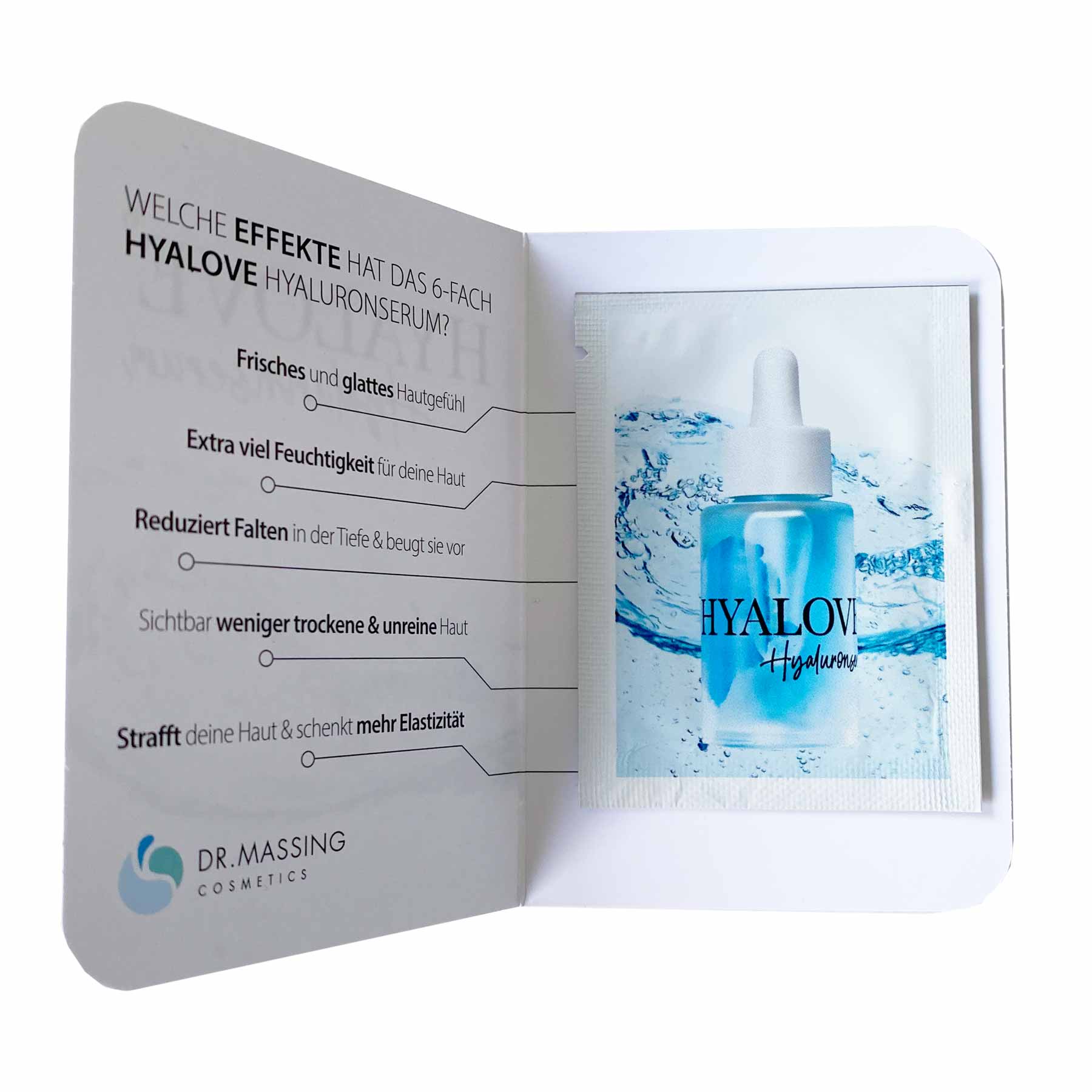 Hyalove Hyaluronserum Starter 2-Tage-Kur Sachet aufgeklappte Verpackung mit Vorteilen